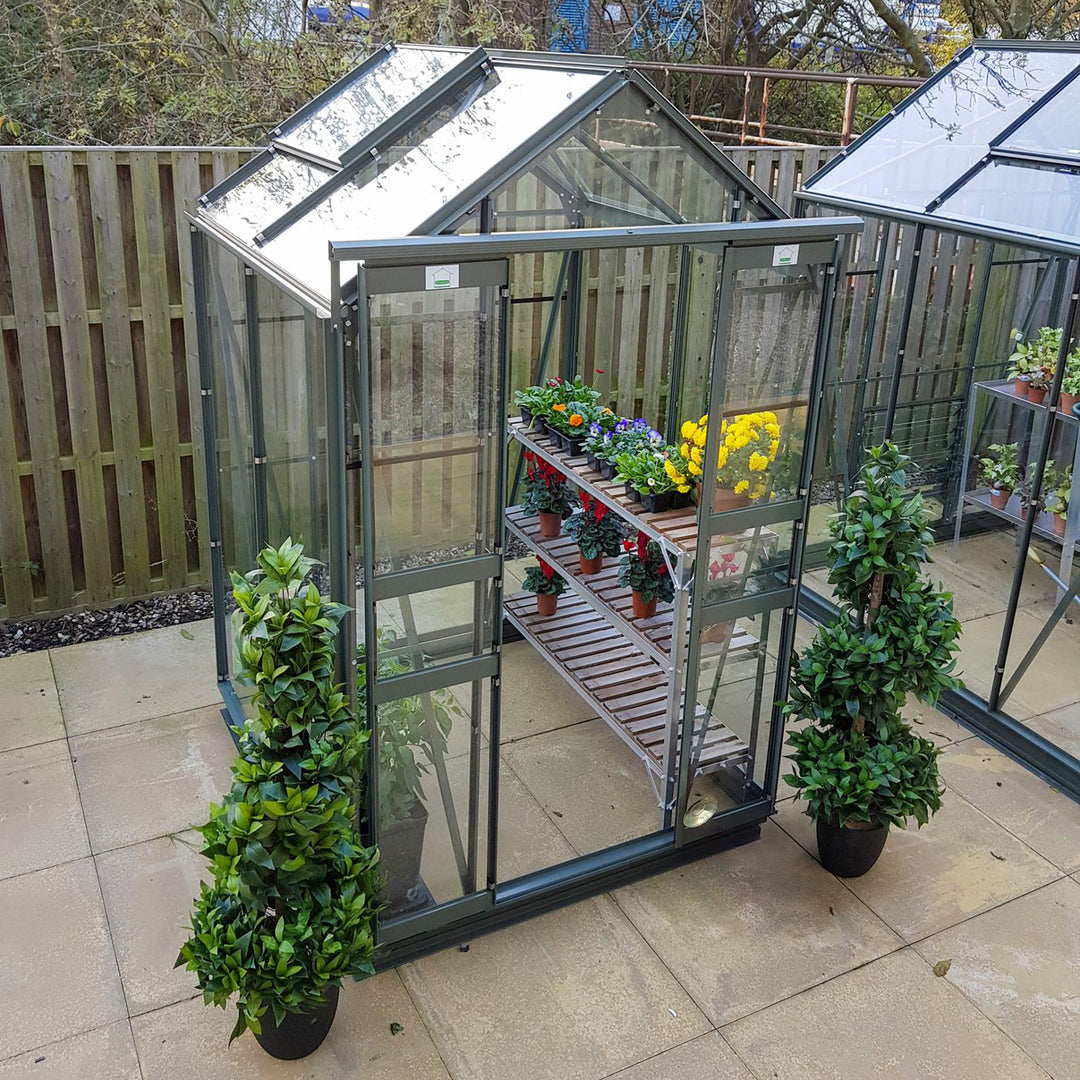 Top view of Cottage 4 greenhouse showcasing double roof vents and internal staging filled with potted flowers