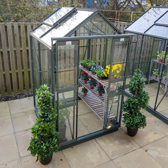 Top view of Cottage 4 greenhouse showcasing double roof vents and internal staging filled with potted flowers