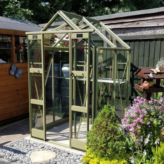 Olive green Cottage 4 greenhouse with powder-coated frame, installed beside a shed in a backyard garden
