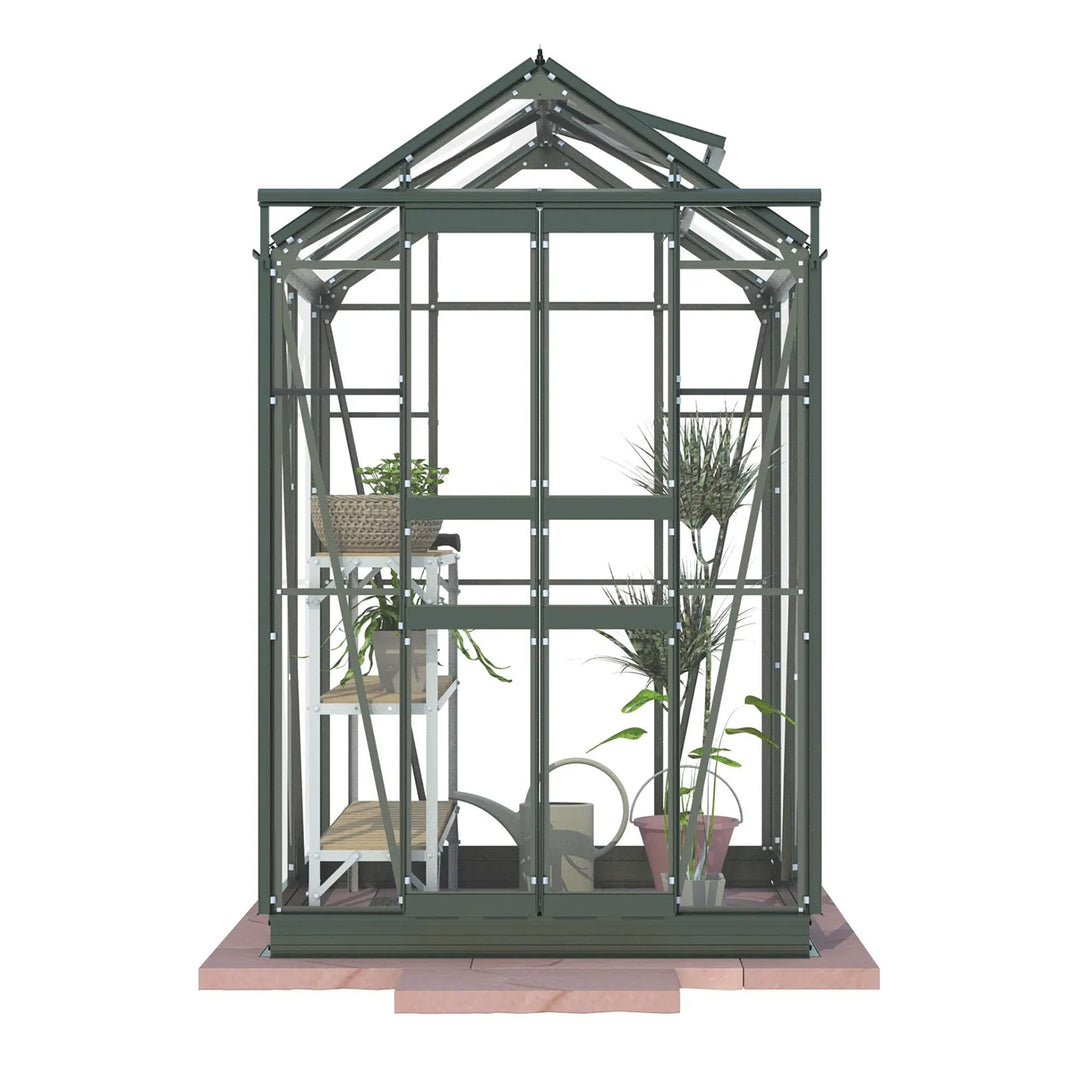 Cottage 4 greenhouse render with green aluminum frame and visible interior plants and staging on paver base