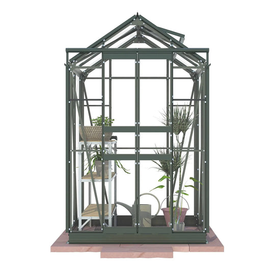 Cottage 4 greenhouse render with green aluminum frame and visible interior plants and staging on paver base