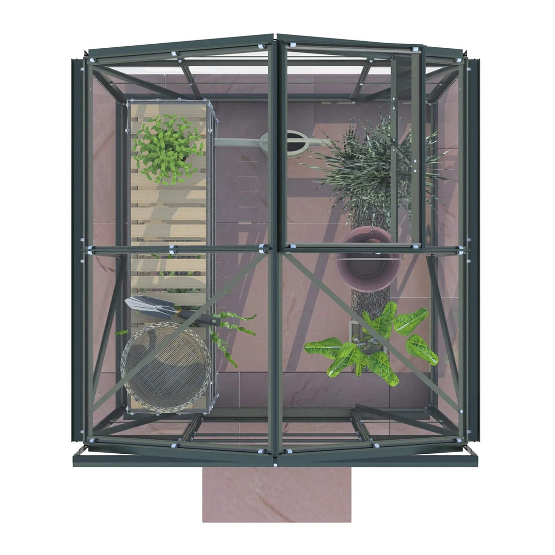 Top-down render of Cottage 4 greenhouse showing plant layout, slatted staging, and compact growing space