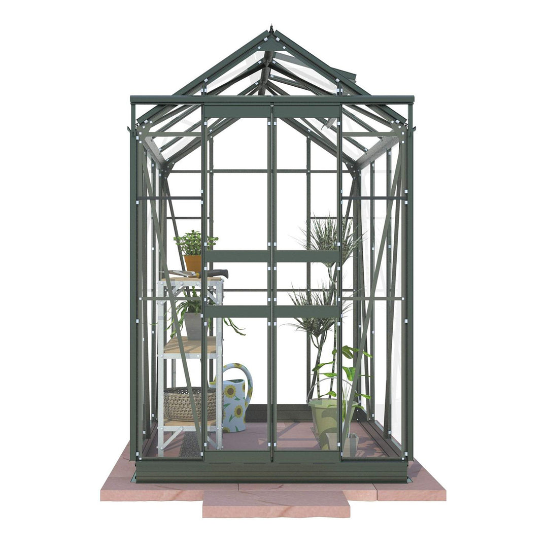 Front render view of Cottage 6 greenhouse with internal white staging, watering can, and tropical plants