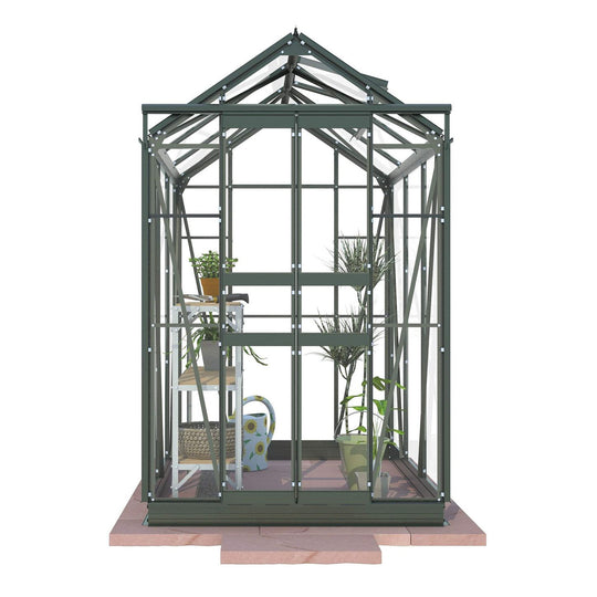 Front render view of Cottage 6 greenhouse with internal white staging, watering can, and tropical plants