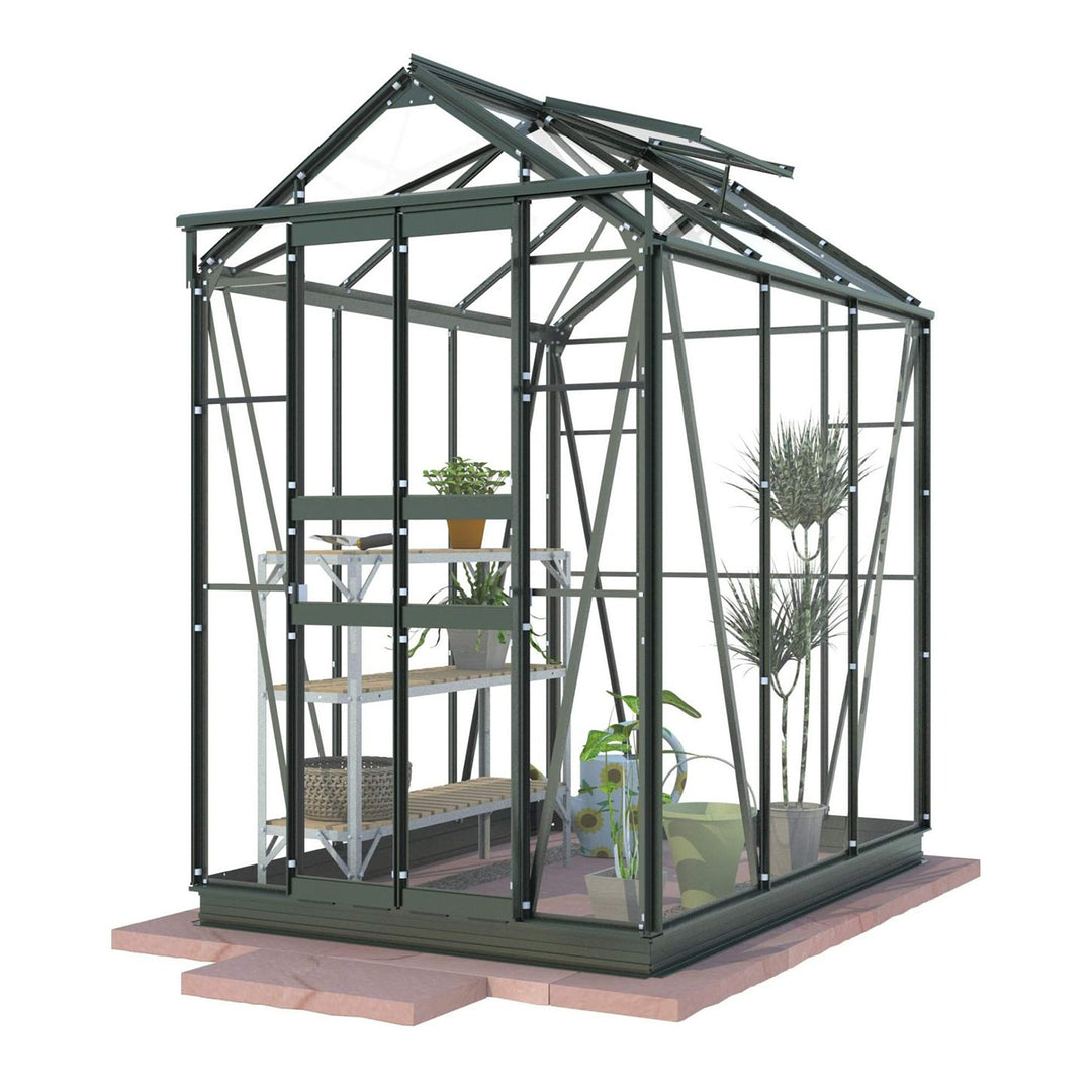3D render of Cottage 6 greenhouse with dark green powder-coated frame, staging, and potted plants