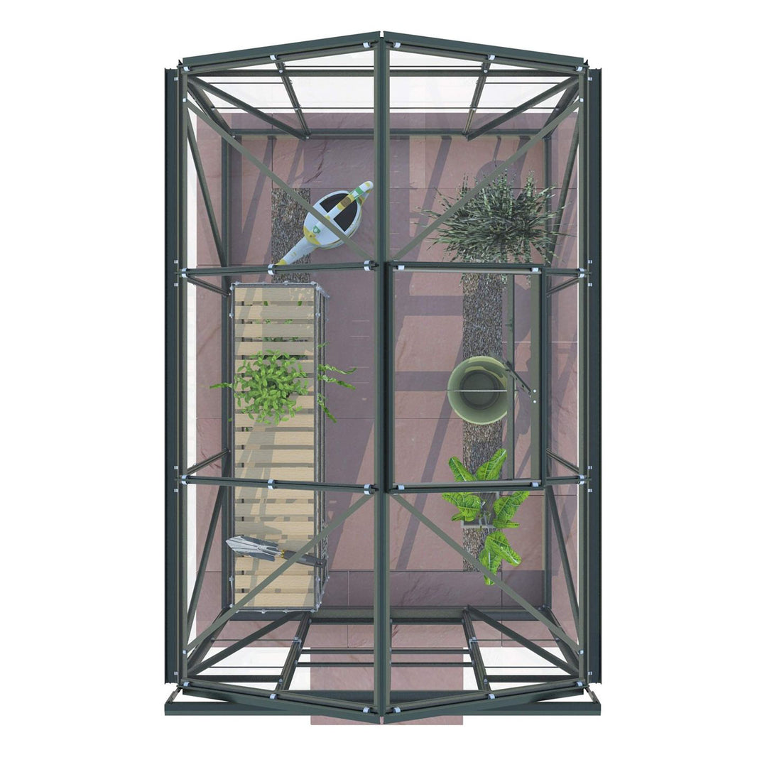 Rendered top-down view of Cottage 6 greenhouse showing staging, tools, and internal plants