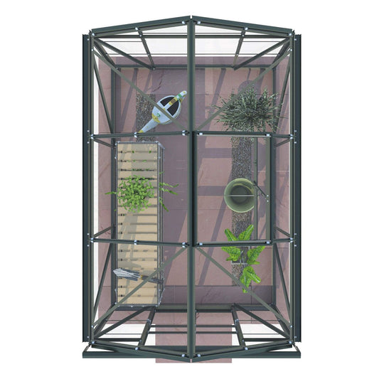 Rendered top-down view of Cottage 6 greenhouse showing staging, tools, and internal plants
