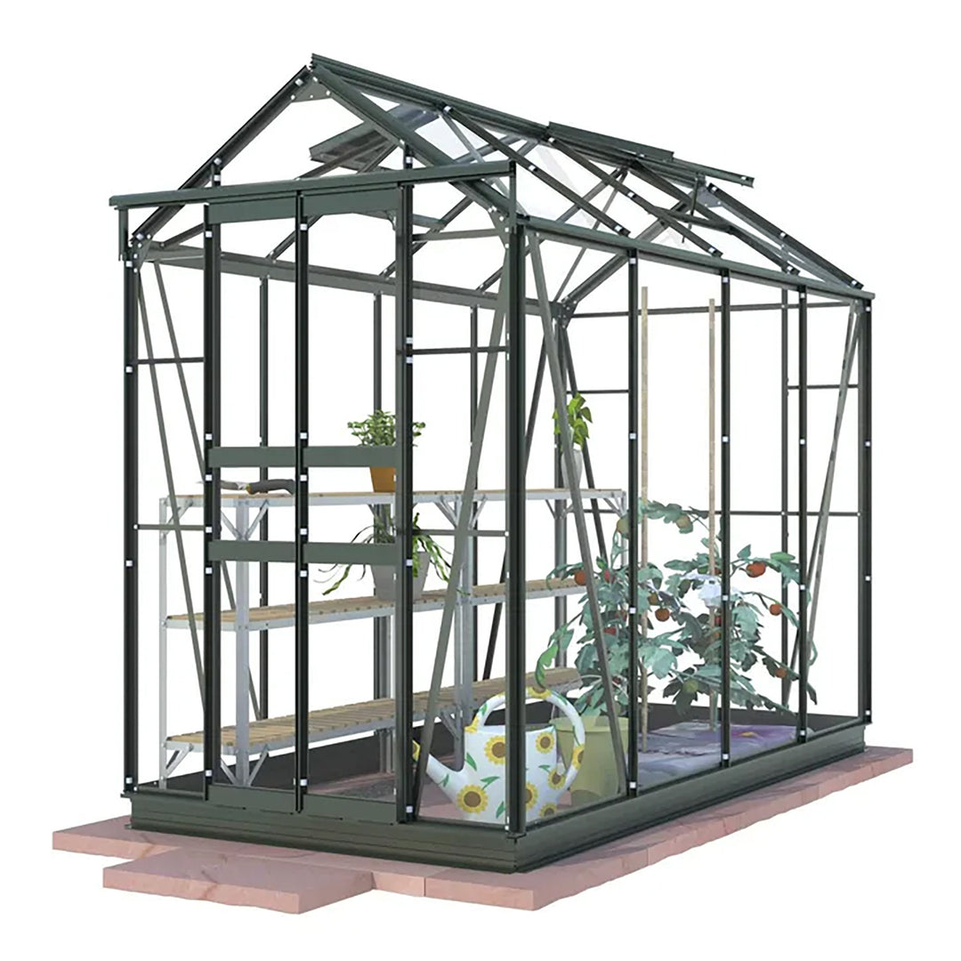 Rendered side angle of Cottage 8 greenhouse in dark green finish with interior staging and tomato plants