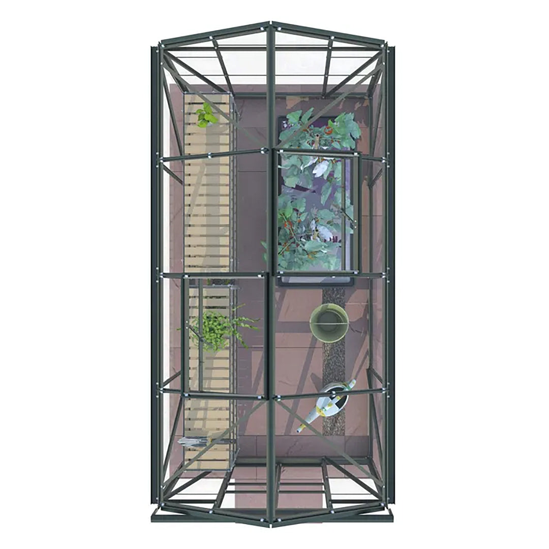 Top-down render of Cottage 8 greenhouse showing plant layout, staging, and internal growing space