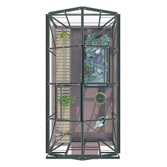 Top-down render of Cottage 8 greenhouse showing plant layout, staging, and internal growing space